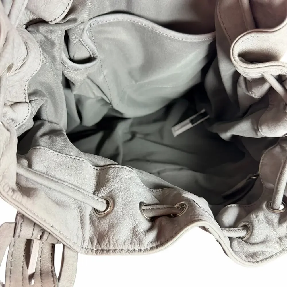 Ann Taylor LOFT Gray Leather Drawstring Shoulder Bag Tassel Slouchy Tote